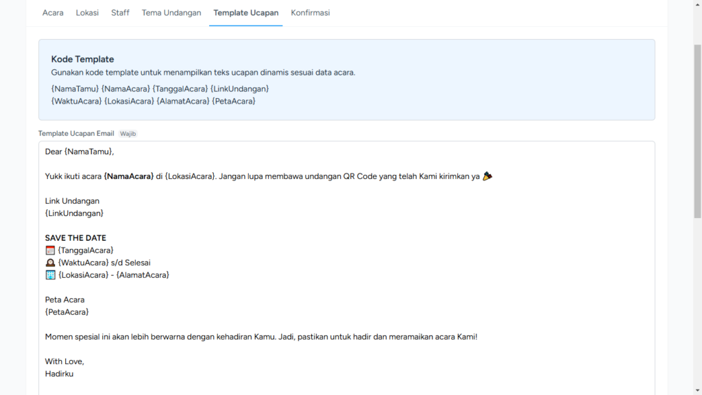 Atur Template Ucapan Acara pada Buku Tamu Digital